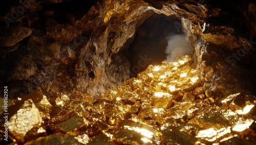 Golden Cave Treasure: A subterranean hoard of glistening gold nuggets fills a dark cave, illuminated by an unseen light source. The scene evokes a sense of mystery and untold riches.