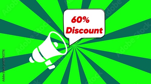 Megaphone with text 60% percent off. Memphis style banner with abstract geometric shapes animated comic background. 60%off percent text on glitch interference screen Loudspeaker, 4K video 