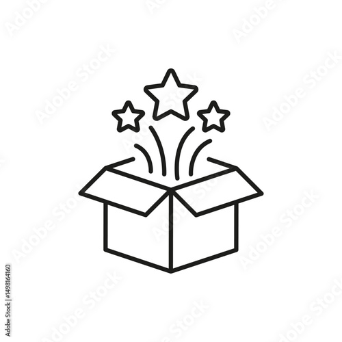 Open Box With Stars Line Icon. Surprise, Creativity, And Innovation Outline Symbol. Unboxing Experience And Excitement. Editable Stroke. Isolated Vector Illustration