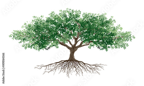 Vector illustration of tree with green leaves and visible roots, flat design, isolated on white, eco-friendly theme, sustainable nature, natural landscape, plant life, environmental graphic.