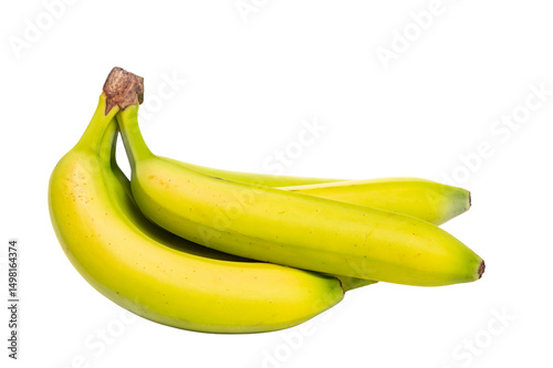 A bunch of partially ripe bananas on a white background.