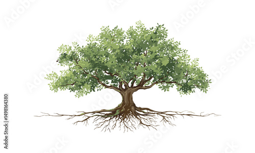 Tree with roots and vibrant green leaves isolated on white background, flat vector illustration, natural growth, ecology concept, garden design, sustainable environment, plant illustration.