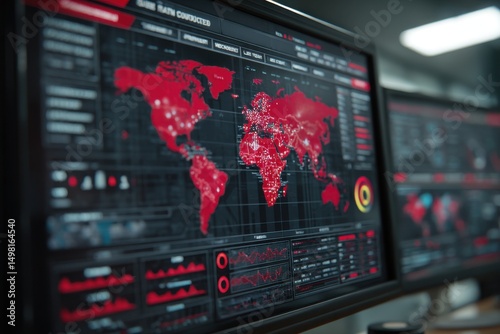 Global threat intelligence displayed on computer screens, showing a world map highlighting widespread attacks and data breaches, with complex data visualizations. photo