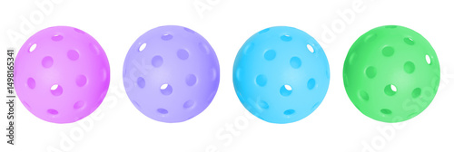 Four pickleball balls in light blue, pink and light purple isolated on transparent background.