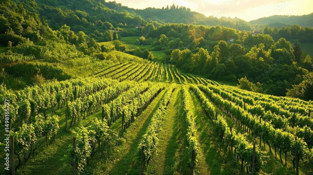 Fototapeta premium Lush Vineyard Landscape Under Golden Sunlight at Twilight Hour