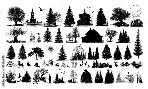 Vector illustration Christmas tree silhouette, festive holiday shapes, pine branch outlines, winter season decoration, Xmas ornament silhouette, evergreen holiday symbol, seasonal festive graphic.