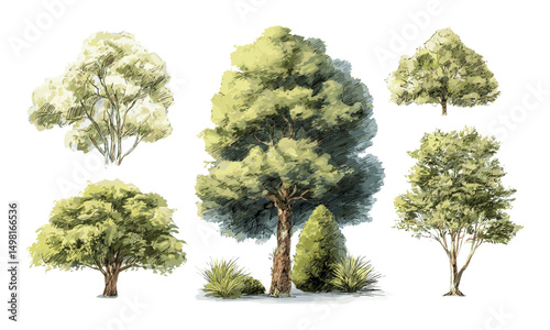 Vector illustration of landscape design tree, architectural elements, watercolor texture, garden layout, nature-inspired art, ecological planning, park design, outdoor environment.