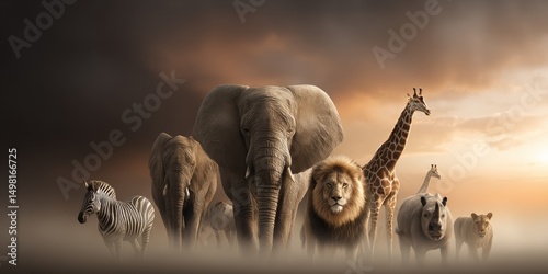 Group of wild animals standing in dust	