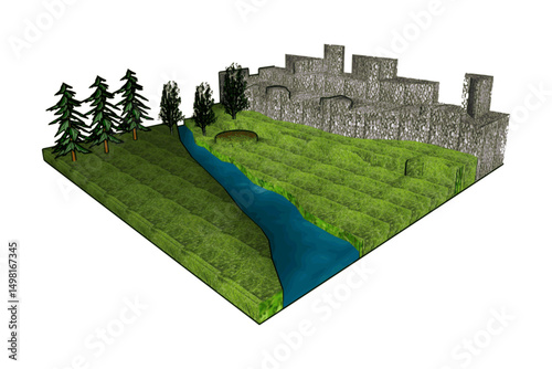 Landscape, river, meadow, stones, trees, grass, 3D model