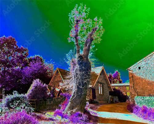 A surreal rural landscape near Stainburn, Otley, UK, featuring a bold color palette, a striking sky, and a prominent tree in the foreground. (Digital Art)
