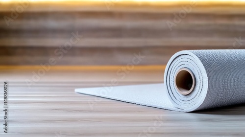 A rolled yoga mat lies on a smooth wooden floor in a tranquil studio. Soft lighting highlights the mat, creating a peaceful atmosphere suitable for practice