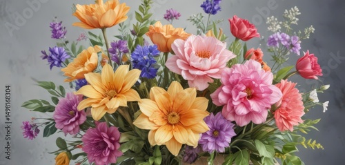 Vibrant spring bouquet, watercolor painted flowers , garden, design