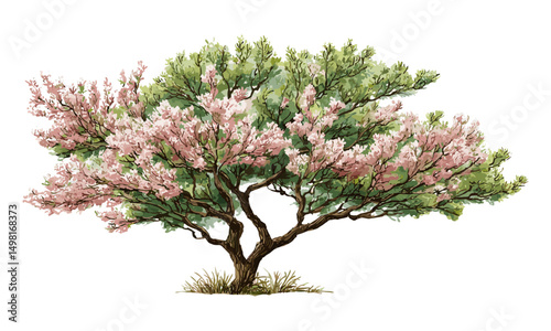 Vector illustration, top view blooming tree, watercolor garden plan, spring flowers, isolated on white, botanical elements, environment design, floral architecture drawing.