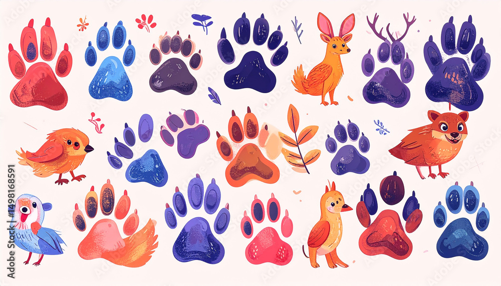 Fototapeta premium A whimsical collection of colorful animal paw prints, bird illustrations, and a deer, set against a pale background with simple floral accents