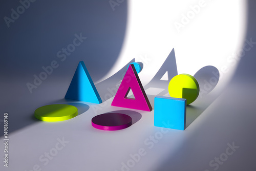 Abstract background with colorful cubes, spheres and triangles
