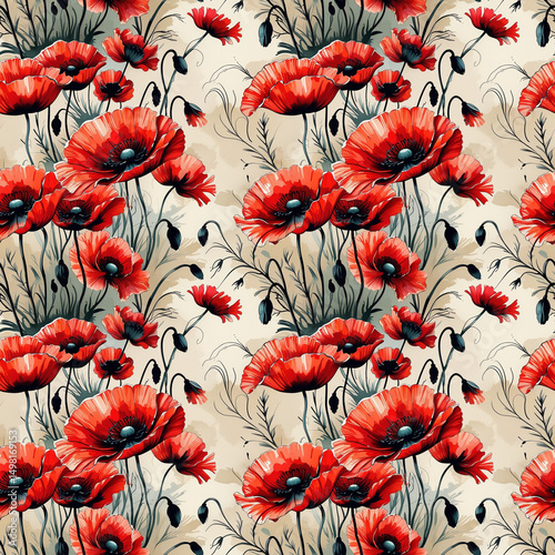 Vibrant poppy flower pattern with red blossoms and green stems, decorative seamless  textile design