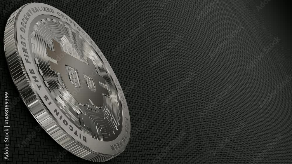 Cryptocurrency, Elegant Silver Bitcoin in Full Rotation, Money, Blockchain, Exclusive, Looped, Unique Design, Finance, Coin

