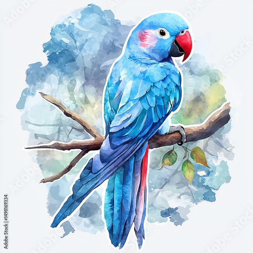 parrot ringneck blue with red beak watercolor sticker