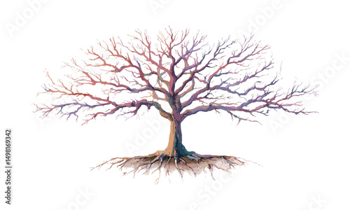Bare tree with complex roots and branches watercolor vector illustration, botanical art, nature scene, hand painted tree, rustic forest, organic textures.
