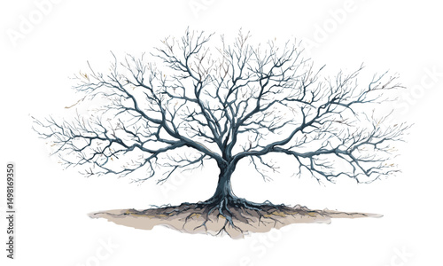 Vector illustration of leafless tree with detailed roots and branches, seasonal tree art, woodland design, natural environment, artistic tree sketch, nature-inspired.