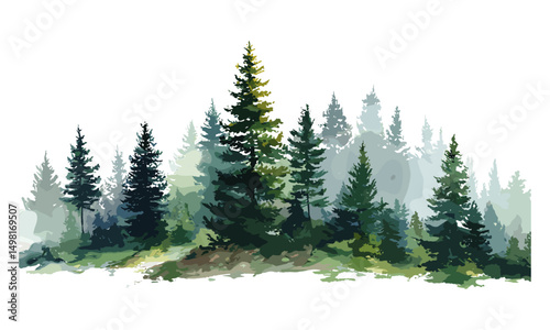 Woodland green forest, mountain landscape, pine tree illustration, watercolor nature scene, vector illustration, outdoor forest view, natural beauty, scenic wilderness area.