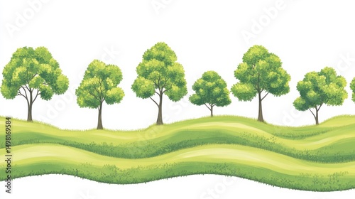 Green Landscape with Stylized Trees and Rolling Hills Design