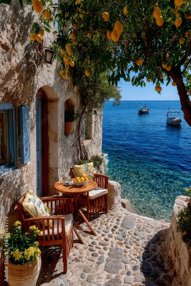 Obraz premium Mediterranean Seaside Lemon Tree Patio