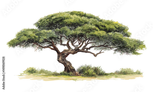 Hand drawn watercolor vector illustration, southern African tree in savannah, nature landscape, wild flora, tropical environment, ecological habitat, outdoor scenery, natural setting.