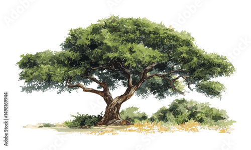 Vector illustration, watercolor drawing of a southern African tree, savannah landscape, hand painted nature scene, exotic wildlife environment, tropical flora, outdoor scenery.