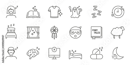 Sleep And Relaxation Line Icon Set. Bedtime Routine, Dream Interpretation, And Sleep Hygiene Outline Symbol Collection. Nighttime Rest And Relaxation. Editable Stroke. Isolated Vector Illustration