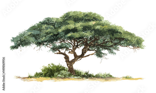 Watercolor vector illustration of an African savannah tree, hand drawn nature art, southern landscape, wild vegetation, natural environment, tropical ecosystem, scenic outdoors.