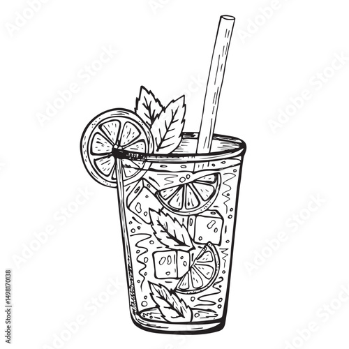 Hand-drawn lemonade vector Sketch Illustration. Glass of mojito with straws, ice, lime and mint. Cartoon black and white outline. Doodle art style. On a white background.