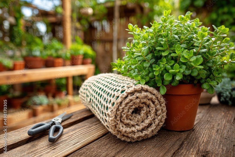 Fototapeta premium A cozy gardening scene featuring a potted plant, garden scissors, and burlap roll, all sitting on a weathered wooden table in a sun-drenched greenhouse environment.