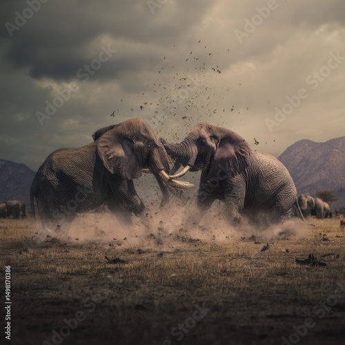 Two elephants fighting in dusty savanna	
