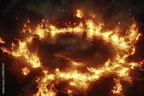 Ring of fire encircling dark, mysterious water at night, creating a dramatic scene filled with swirling smoke and vibrant flames, evoking feelings of danger and intrigue