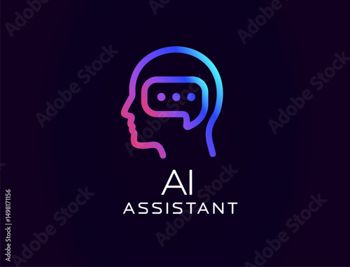 AI assistant logo with human head silhouette and chat bubble inside, symbolizing communication and intelligence. Great for virtual agents, tech tools, smart UI. Vector illustration.
