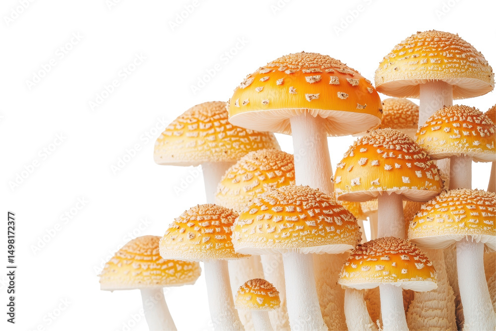 Obraz premium Colorful mushrooms with orange caps and textured surfaces growing together in a natural setting under soft lighting