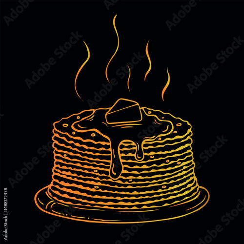 Line drawing fried thin pancakes with a slice of butter on the plate doodle outline. Vector logo. Traditional Russian Crepes Blini. Black and white pancakes isolated illustration.