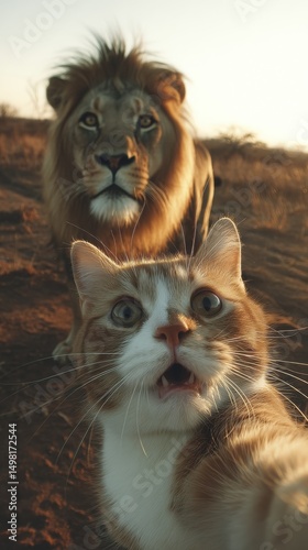 Cat taking selfie with lion in savanna	