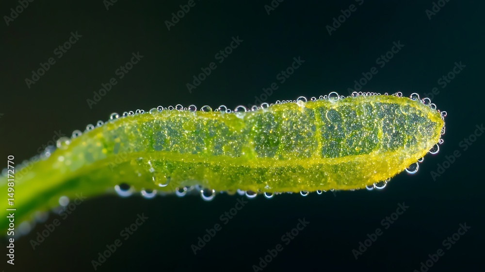 Close-up view of a leaf surface covered in water droplets and air bubbles. Close-up view of a leaf surface covered in water droplets and air bubbles.