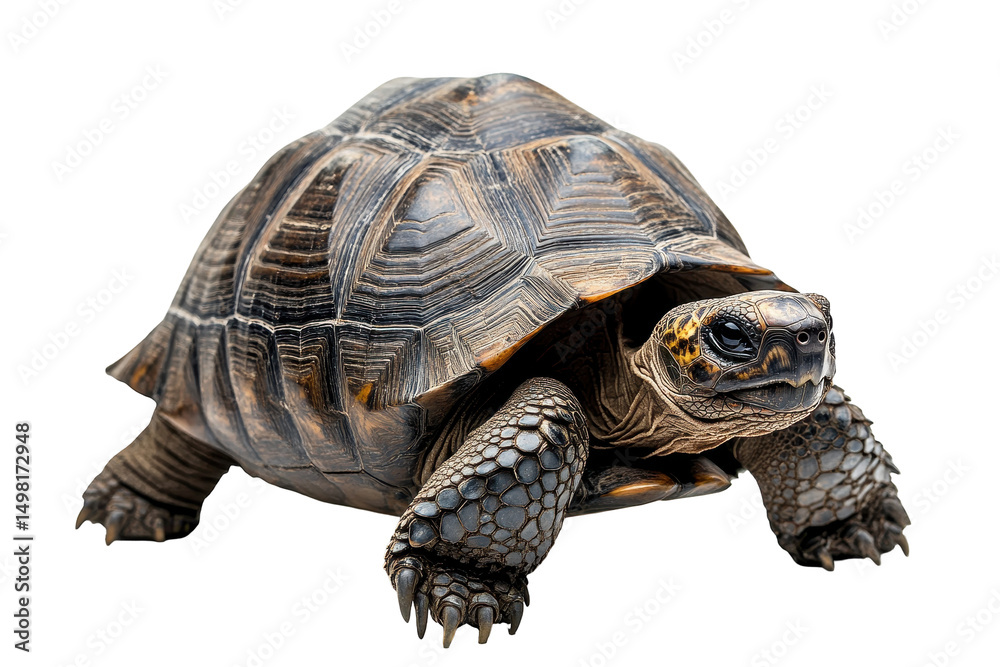 Obraz premium Tortoise moving slowly on a white background showcasing intricate shell patterns and textures in a natural pose