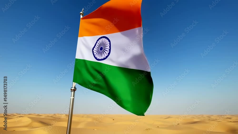 An indian flag blowing in the desert under a clear blue sky, fluttering in the wind, a symbol of independence and freedom, national symbol footage.