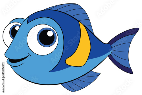 Cartoon Blue Tang Fish Character with Yellow Accent and Large Eyes Artwork