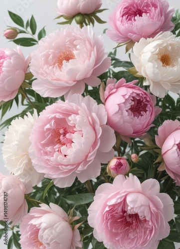 Delicate pink peonies and roses, fresh bouquet White background , macro, bloom, elegant