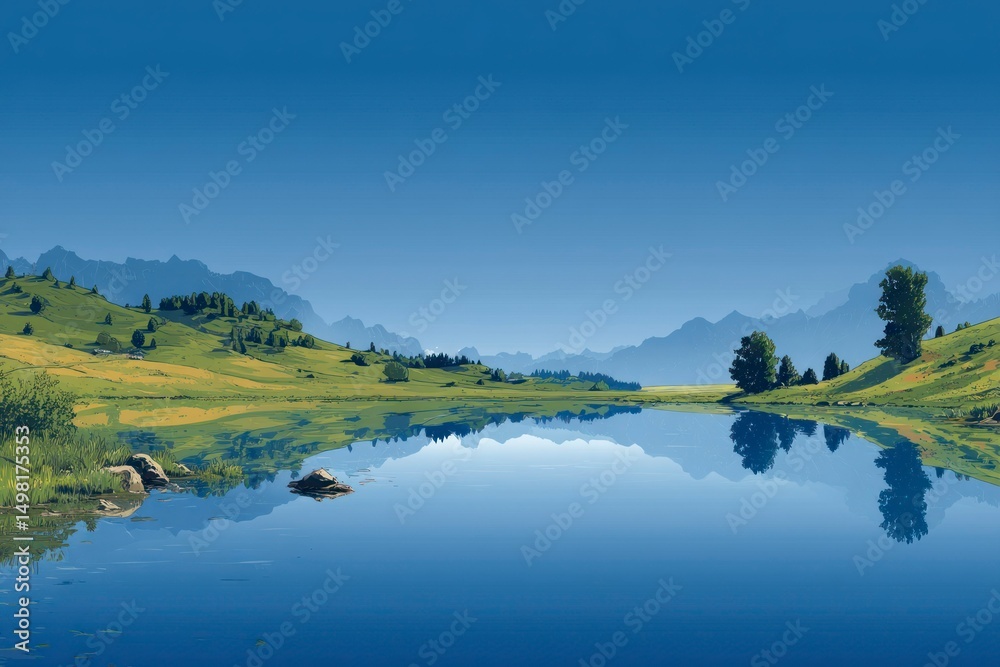 Fototapeta premium Serene Mountain Lake Reflections A Calm Landscape with Rolling Hills and Clear Waters for Natu