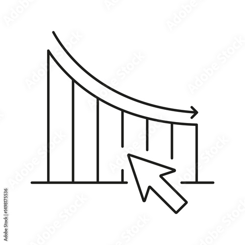 Declining Graph With Arrow Cursor Line Icon. Economic Downturn, Market Analysis, And Financial Decline Outline Symbol. Business Performance Tracking. Editable Stroke. Isolated Vector Illustration