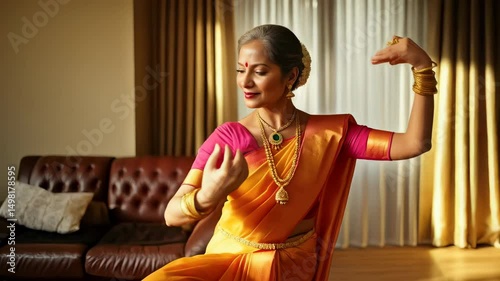 Elegant Indian woman practices Bharatnatyam dance, adorned in traditional silk saree and jewelry, reflecting cultural heritage and artistic hobby.