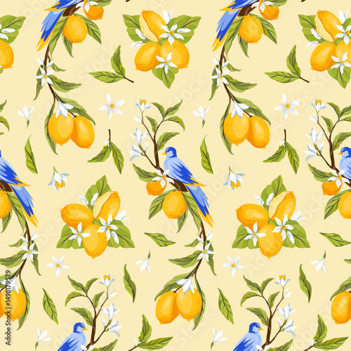 Seamless Pattern with Lemon Branches and Blue Bird