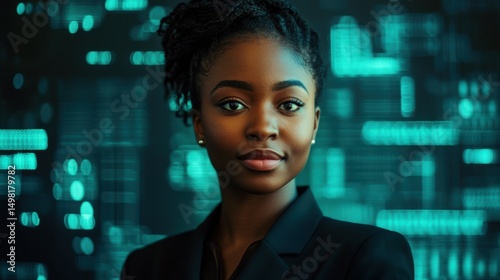 African businesswoman portrait, cybersecurity circuit and protection