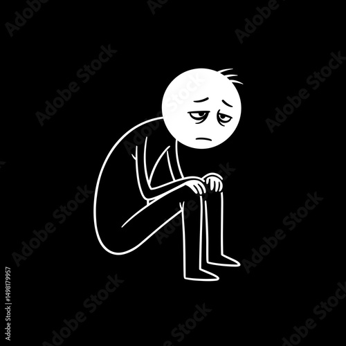 Sad stickman sitting alone — depression and burnout illustration